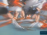 a painting of a group of people riding bicycles