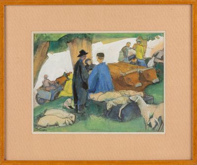 tableau représentant un groupe de personnes dans un champ avec des moutons