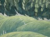 a painting of a bird flying over a wave in the ocean