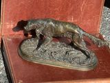 une statue représentant un chien dans une boîte posée par terre
