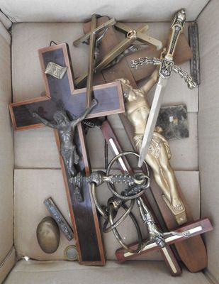 a box filled with a bunch of religious items