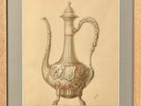drawing of a silver teapot on a table with a wooden frame