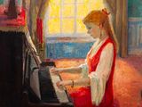an oil painting of a woman in a red dress playing a piano