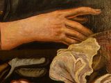 a painting of a man holding a knife and a piece of meat