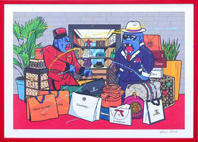 painting of two blue men sitting in front of a tv surrounded by shopping bags
