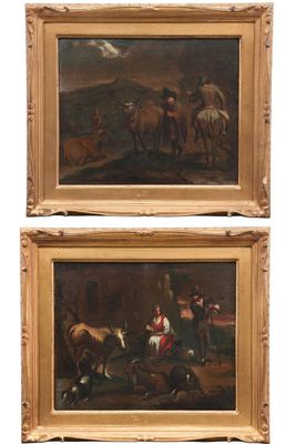 pair of 19th century oil paintings of horses and riders in a stable