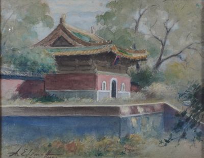 an oil painting of a building with a pond in front of it