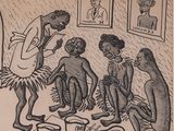 drawing of a group of people in a room with pictures on the wall