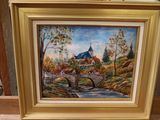 a picture of a painting of a church in the woods