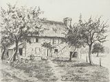 drawing of a farm with a thatched roof and trees in the foreground