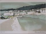 tableau représentant un village enneigé avec une route et des maisons au loin