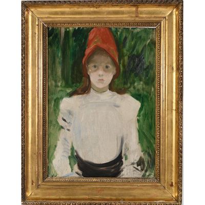 une peinture à l'huile représentant une jeune fille coiffée d'un chapeau rouge