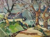 une image d'une peinture représentant une maison et des arbres dans un champ