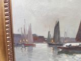 a painting of a harbor scene with boats in the water