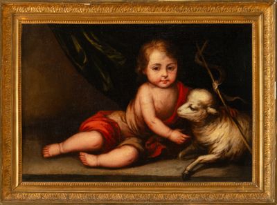 an image of a painting of a baby and a dog