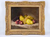 an oil painting of fruit on a table with a white background
