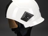 a white hard hat on a mannequin head on a black background