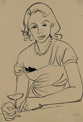drawing of a woman sitting at a table with a cigarette in her hand