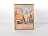 tableau représentant une scène de rue urbaine avec une calèche au premier plan