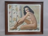 painting of a nude woman sitting on a bed with a curtain in the background
