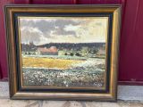 an oil painting of a farm scene with a red barn in the background