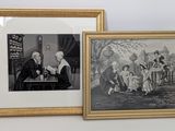 two framed pictures of a man and a woman playing chess