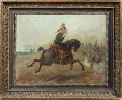 une peinture à l'huile représentant un homme à cheval sur une plage
