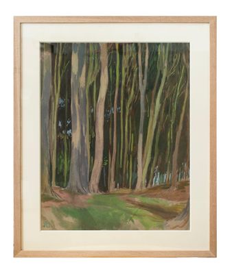 une peinture à l'huile représentant un sentier traversant une forêt peuplée de grands arbres
