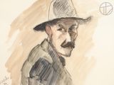 drawing of a man with a hat and moustache wearing a jacket