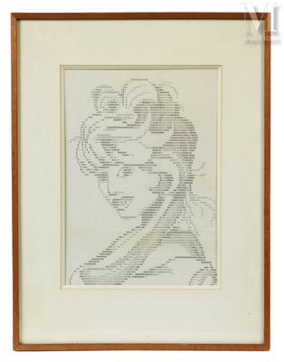 une image représentant une broderie au point de croix représentant une femme coiffée d'un chapeau