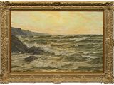 an image of a painting of waves in a golden frame on a white background