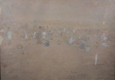 un tableau représentant un groupe de personnes assises sur une plage