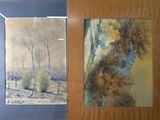 two paintings of trees and bushes are displayed in a wooden frame