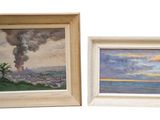 two framed paintings of a view of a lake and a volcano