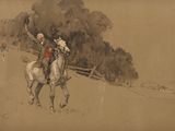a drawing of a man riding a horse in the field