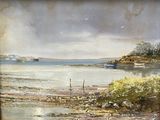 a painting of a beach scene with boats in the water