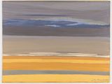 a painting of a yellow and gray landscape with clouds in the sky