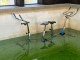 three exercise bikes in a room with a green floor