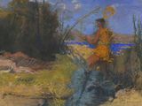 une peinture à l'huile représentant un homme vêtu d'une robe jaune, assis dans un champ