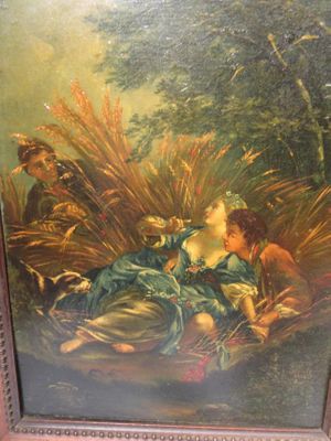 tableau représentant une femme et un enfant dans un décor boisé