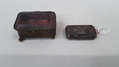 pair of antique silverware boxes with red glass in them