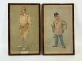lot de deux tableaux encadrés représentant un homme portant un haut-de-forme et un autre homme portant un haut-de-forme et tenant une batte