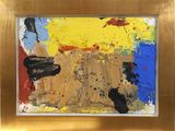 an abstract painting of yellow, blue, red, and black paint on a gold frame