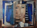 peinture abstraite représentant le visage d'une femme vêtue d'une robe bleue et d'un foulard bleu