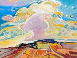 une peinture à l'huile représentant un train traversant une campagne rurale
