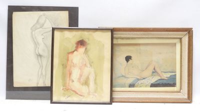three framed paintings of nudes and a woman sitting on a bed