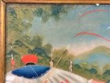 a painting of a man with a red hat and a blue and white umbrella