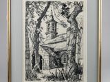 a black and white drawing of a church in the woods