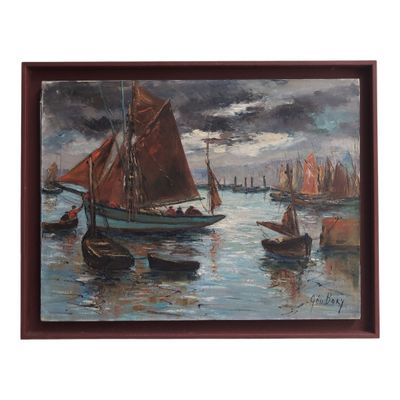 painting of boats in the water with a cloudy sky in the background