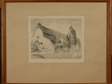 painting of a barn in a field with a horse drawn by a man